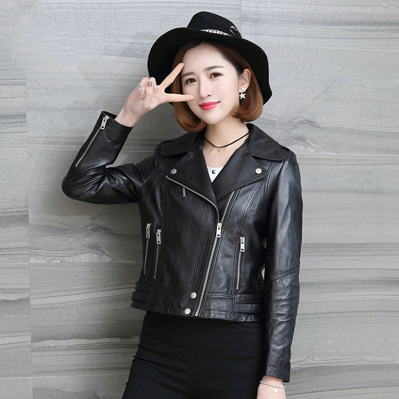 秋冬绵羊皮修身机车服皮夹克真皮皮衣女短款外套70黑色CYDDWQE