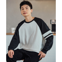 [2.5折价99元]唐狮春秋季新款男士圆领卫衣插肩袖设计感撞色套头白色上衣潮