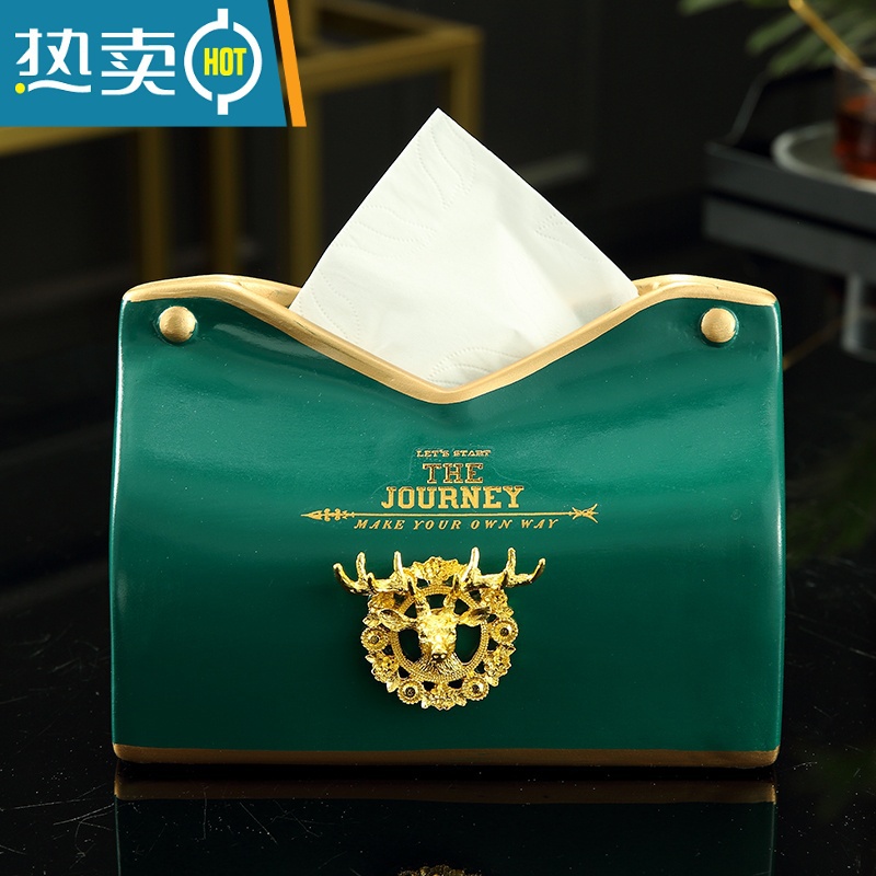 敬平抽纸盒客厅家用轻奢北欧纸巾盒美式创意餐巾盒欧式陶瓷纸抽盒 合金鹿头绿色款