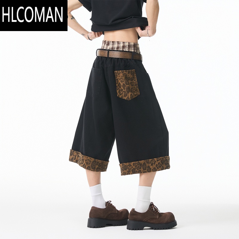 HLCOMAN美式豹纹卷边七分裤男夏季潮cleanfit阔腿牛仔裤宽松过膝工装短裤