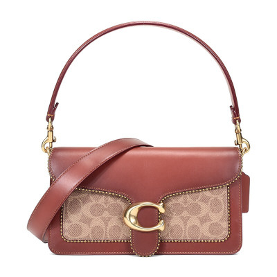 COACH女包蔻驰包包Tabby系列酒神包哈顿小方包奢侈品专柜款牛皮单肩斜挎包珠帘棕色拼卡其6793B4NQ4