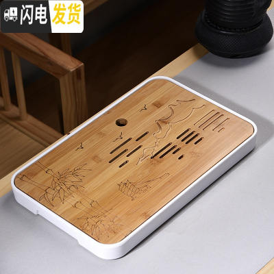 三维工匠家用简约功夫茶具茶盘套装迷你储水密胺干泡小茶台日式竹制茶托盘 密胺大长方江南水乡白茶盘36cm