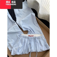 YIBUSHENG美式高街蓝色高腰休闲裤女季薄款宽松慵懒阔腿休闲百搭直筒长裤