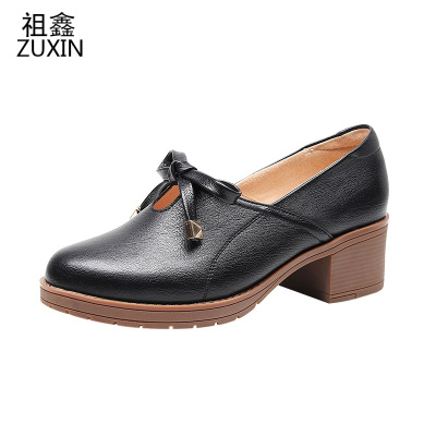 祖鑫真2021皮网红粗跟中跟单鞋韩版百搭学生大码40-43码皮鞋浅口仙女鞋秋