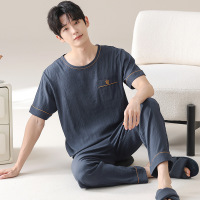 夏季男士睡衣短袖长裤家居服休闲纯色云朵棉大码青少年套装可外穿