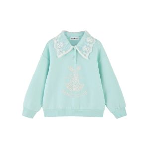 [1件3折]秋季新款女童反领长袖T恤儿童T恤休闲撞色蕾丝花边 落肩袖