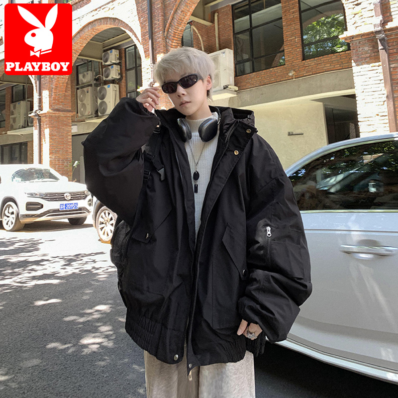 花花公子工装连帽羽绒棉服男款冬季美式机能潮牌痞帅冲锋棉衣外套