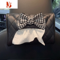 三维工匠网红车用品车载可爱女款挂式多遮阳板扶手箱卡通抽纸袋 皮黑纸巾盒[千鸟格蝴蝶结]