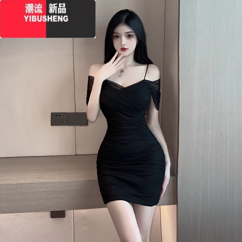 YIBUSHENG夜场女装性感露肩抹胸吊带连衣裙纯欲风辣妹气质修身褶皱包臀短裙