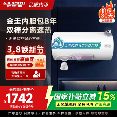 AO史密斯佳尼特 80升电热水器 金圭内胆8年免费包换 双棒分离速热 可遥控大屏 CTE-80TT 储水式