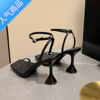 SUNTEK粗跟高跟凉鞋2023新款夏季时尚方头鞋酒杯跟aw黑色一字带高跟鞋女