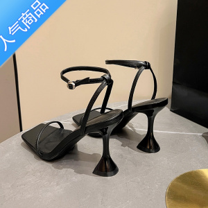 SUNTEK粗跟高跟凉鞋2023新款夏季时尚方头鞋酒杯跟aw黑色一字带高跟鞋女