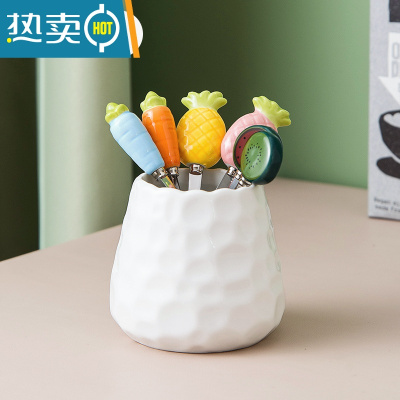 敬平水果叉子家用不锈钢收纳罐套装儿童安全高端可爱草莓水果签小果叉 皎月白收纳罐+混色6叉