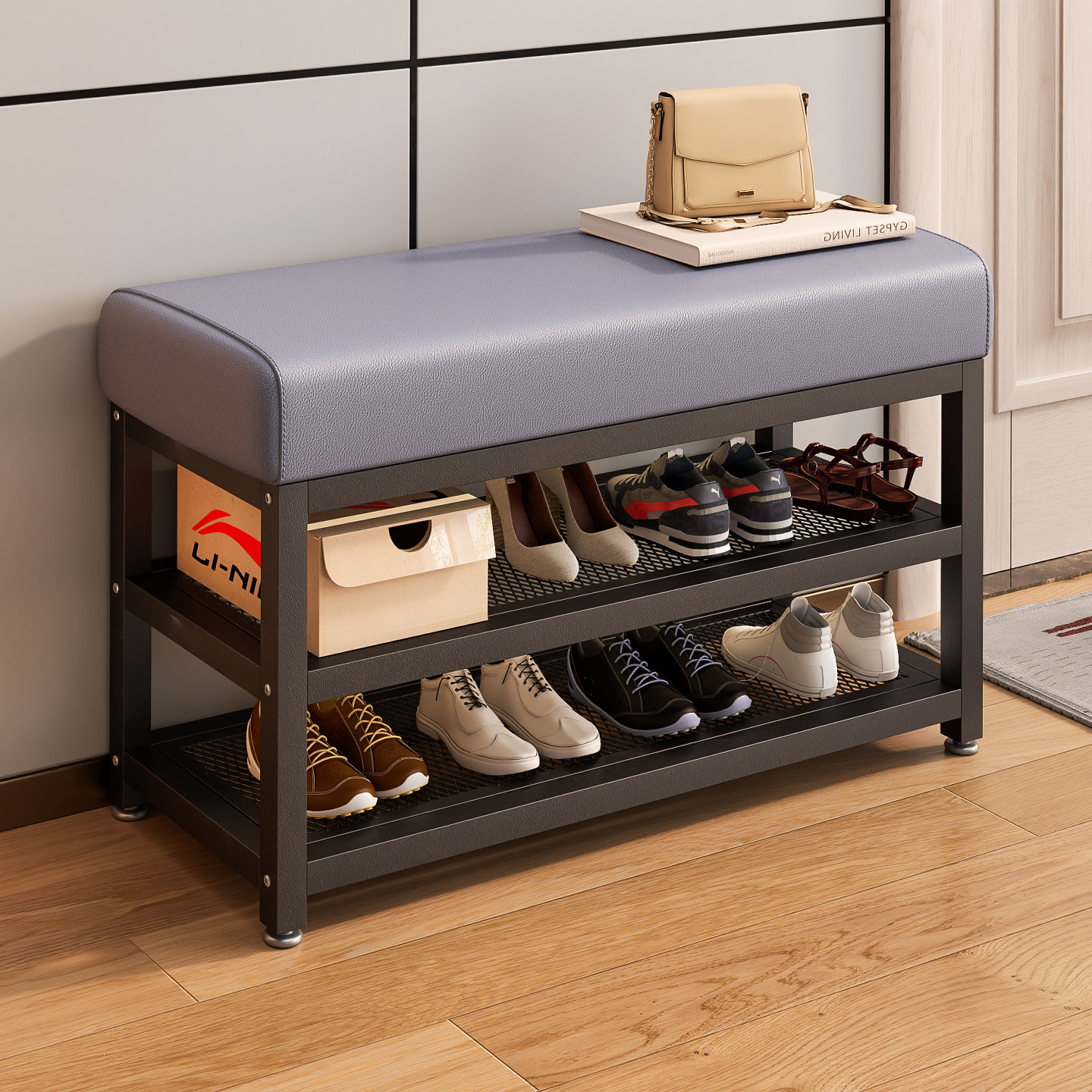 家用可坐鞋柜坐凳一体入户门铁艺轻奢高级感穿鞋凳进门鞋架换鞋凳