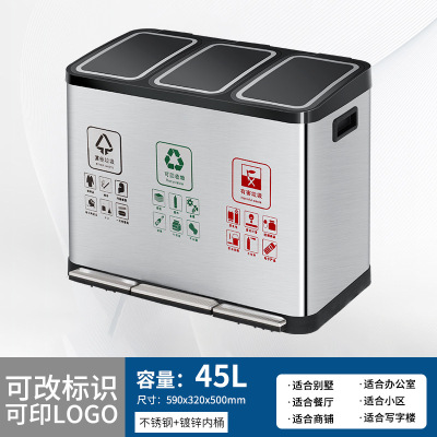 定制户外不锈钢分类脚踏垃圾桶收纳方形大容量带盖商用写字楼批发 墨绿色 B款 45L 三分类