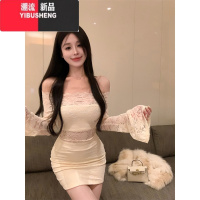 YIBUSHENG一字肩喇叭袖蕾丝镂空连衣裙女春季修身收腰气质裙子性感包臀短裙