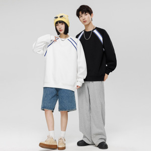 男装秋冬新款圆领卫衣情侣款韩版简约条纹宽松打底衫男女同款上衣