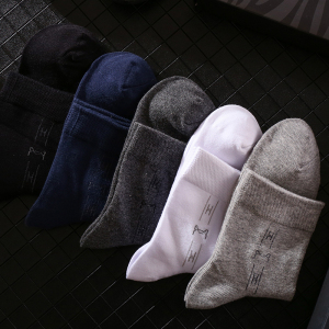 [5双装]猫人男士棉袜提花商务休闲中筒袜精美盒装无缝袜头高弹舒适