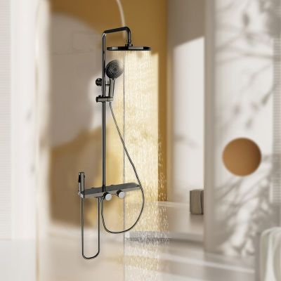 金牌卫浴GOLD 枪灰色大置物平台 四挡淋浴花洒套装KA05805(含安装)