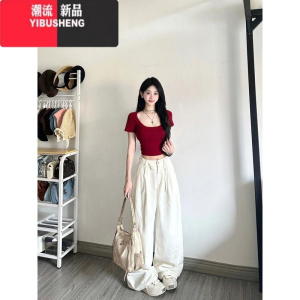 YIBUSHENG红色辣妹正肩u领短袖t恤女季薄款小个子性感修身百搭露脐短上衣