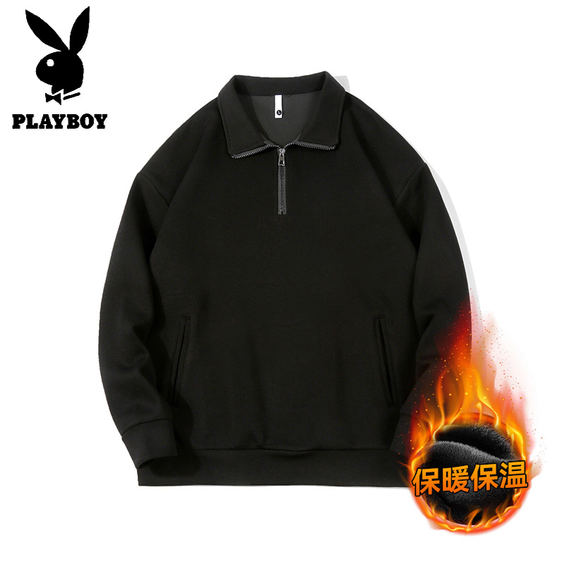 花花公子新款高品质加绒翻领卫衣男美式复古重磅350克卫衣男2025秋冬宽松休闲卫衣男