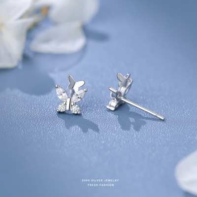 爆闪锆石双蝴蝶耳钉女s999纯银森系小清新小众设计感足银耳饰批发送女朋友老婆情人节七夕生日礼物