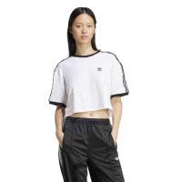 Adidas女士宽松 crop款运动T恤短袖白条纹舒适法式棉涤休闲潮牌