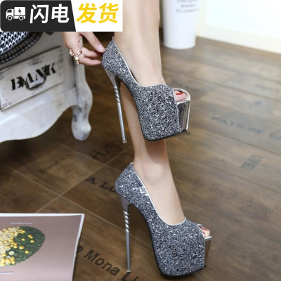 新上市17cm高跟鞋超细跟性感夜店浅口粉色闪亮片18cm16cm20cm启如休闲鞋