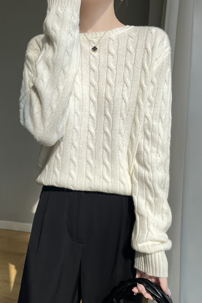 秋冬新款麻花圆领加厚上衣女装针织衫长袖扭花内搭套头打底毛衣冬