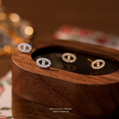 mini猪鼻子耳钉女s999纯银轻奢百搭时尚设计感微镶足银耳饰批发送女朋友老婆情人节七夕生日礼物