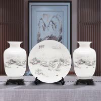 景德镇陶瓷器三件套花瓶摆件新中式客厅插花博古架家居酒柜装饰品 三维工匠 竹林七贤三件套-龙头支架
