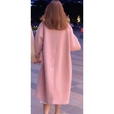 FISHBASKET2020新款韩版宽松粉色茧型气质毛呢外套中长款软妹妮子大衣女毛呢外套