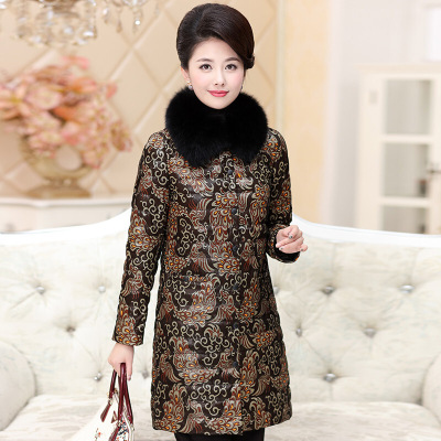 印花真皮羽绒服中老年绵羊皮花皮皮衣女妈妈装加肥加大码外套花色CYDDWQE
