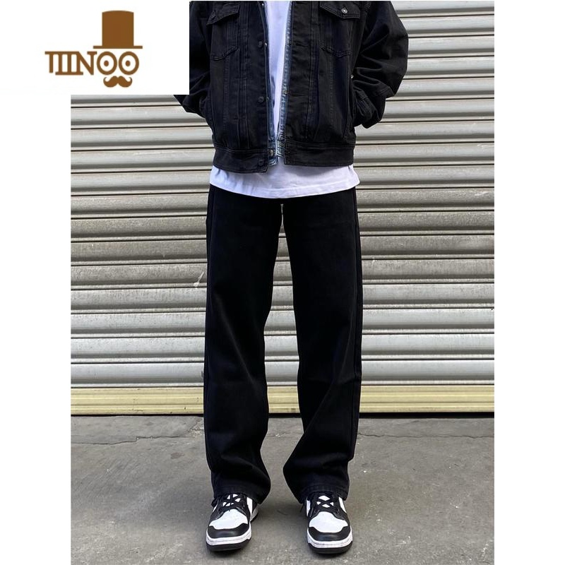 YANXU美式复古做旧宽松直筒黑色牛仔裤男女ins阔腿高街休闲拖地长裤子