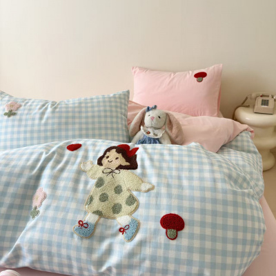 秋冬A类卡通小清新全棉磨毛四件套毛巾绣加厚保暖床品套件三件套