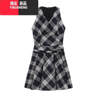 YIBUSHENG辣妹格子挂脖连衣裙女季新款收腰显瘦拼接小众百褶A字短裙子潮