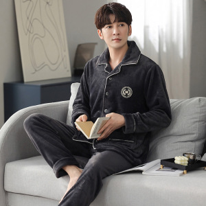 睡衣珊瑚绒秋冬季男士加厚加绒开衫翻领法兰绒家居服宽松大码套装