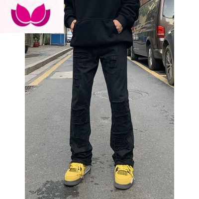 七斓美式复古潮牌修身显瘦破洞黑色牛仔裤男女款高街vibe风休闲长裤子