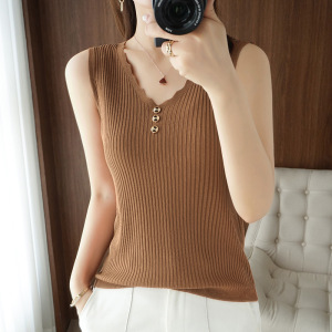 夏季新款v领女冰丝吊带背心无袖针织衫上衣曲珠修身短袖打底上衣