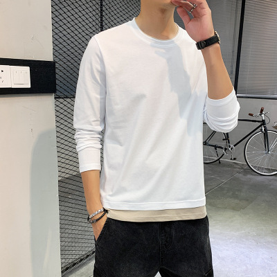 秋冬季长袖T恤男士韩版简约拼接打底衫纯棉纯色秋衣