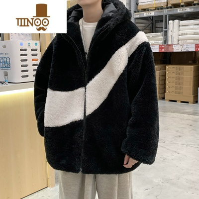 YANXU羔毛外套男潮牌嘻哈加厚连帽棉袄bf港风宽松韩版潮流衣服