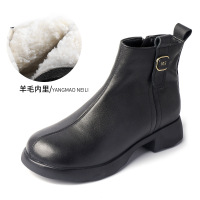 真皮棉鞋冬季新款英伦复古侧拉链粗跟靴羊毛内里马丁靴女短靴