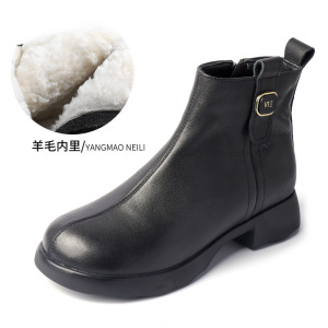 真皮棉鞋冬季新款英伦复古侧拉链粗跟靴羊毛内里马丁靴女短靴