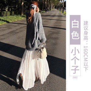 半身裙子女春季2026新款杏色高腰a字百褶长裙小个子垂感蛋糕纱裙