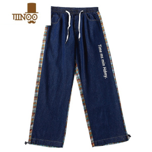 YANXU春款牛仔裤子男女潮牌高街拼接复古格子宽松阔腿垂感直筒休闲长裤