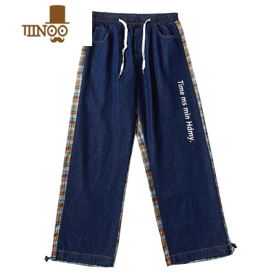 YANXU春款牛仔裤子男女潮牌高街拼接复古格子宽松阔腿垂感直筒休闲长裤