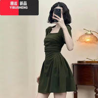 YIBUSHENG法式桔梗茶里茶气别致连衣裙子装小个子方领性感收腰显瘦小黑裙