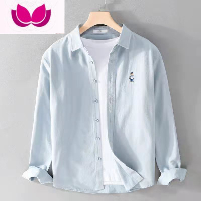 七斓男士休闲长袖衬衫简约百搭小熊刺绣方领宽松纯色衬衣外套潮