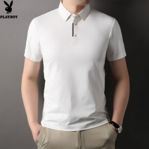 花花公子2024夏季新款品牌短袖男士T恤白色时尚休闲翻领透气冰爽半袖体恤
