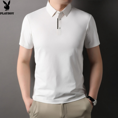 花花公子2024夏季新款品牌短袖男士T恤白色时尚休闲翻领透气冰爽半袖体恤